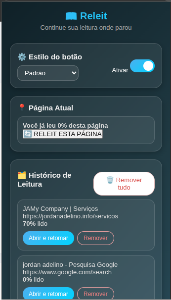 Interface da extensão Releit mostrando o histórico de páginas salvas